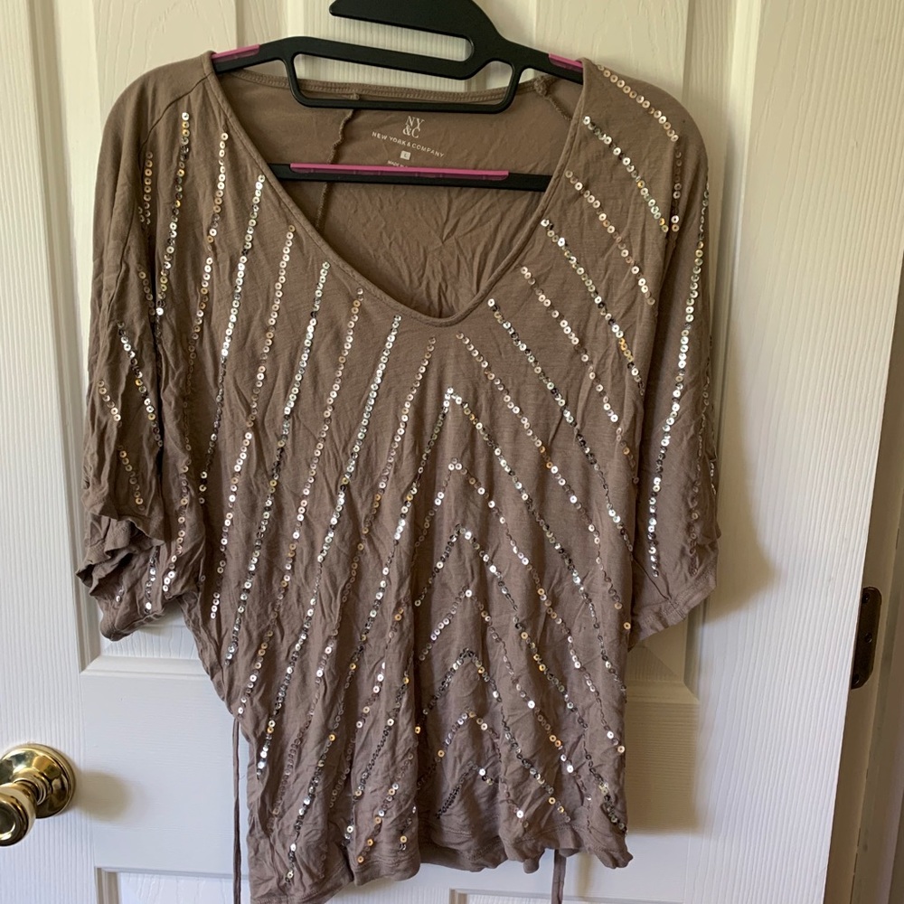 Taupe sequin short sleeve shirt